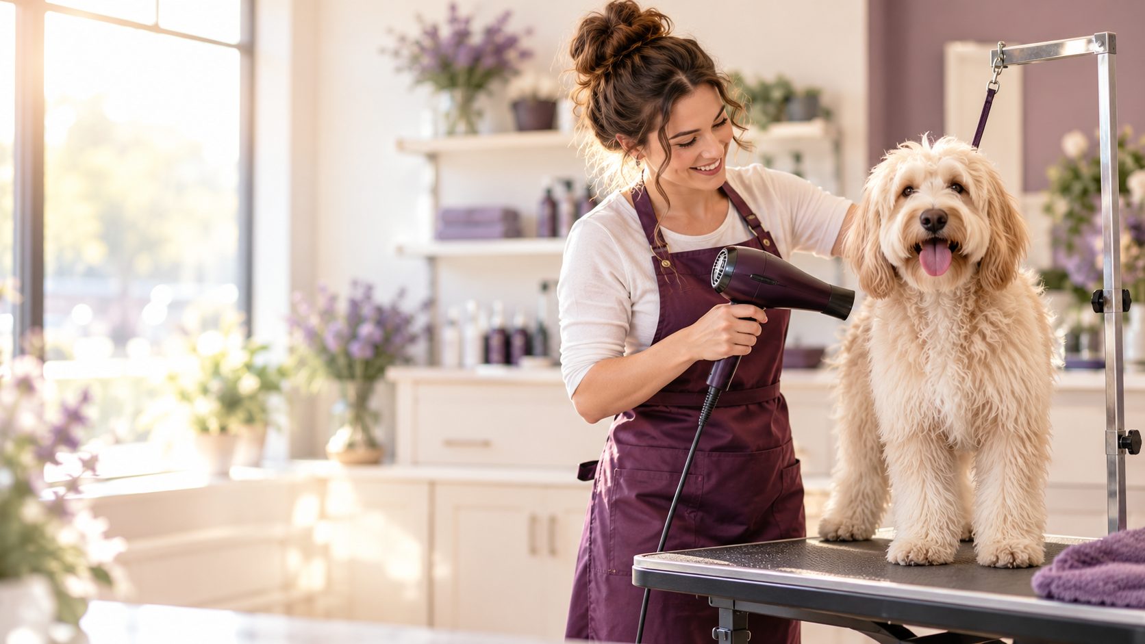 Groomer blow-drying a happy fluffy dog